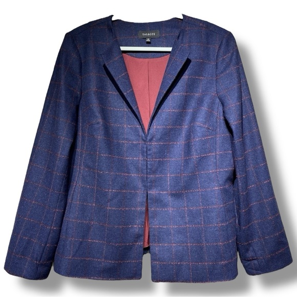 💙 Talbots Navy Wool Blend Windowpane Blazer – Size 12 New - Picture 1 of 8